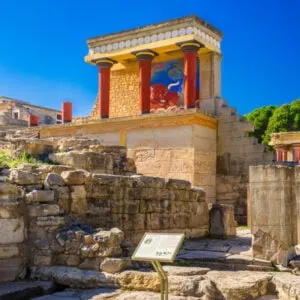 Old walls of Knossos near Heraklion. The ruins of the Minoan palaces is the largest archaeological site of all the palaces in Mediterranean island of Crete