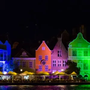 Willemstad at Night, Curacao. Handelskade with neon colorful facades