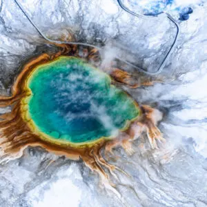 Aerial view of Grand prismatic spring in Yellowstone national park in Winter