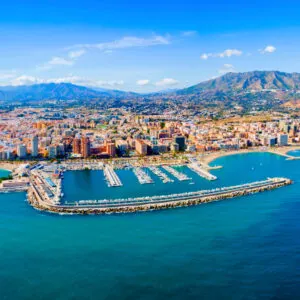 Fuengirola city beach and marina aerial panoramic view