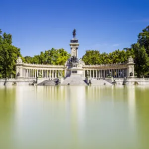 Monument on lake at el retiro park in madrid spain