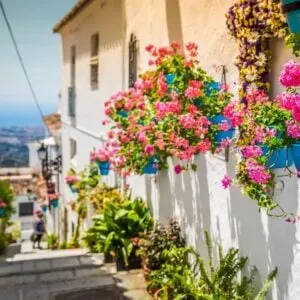 Picturesque Street Lined By Whitewashed Houses In A Costa Del Sol Town, Andalusia, Southern Spain, Southern Europe