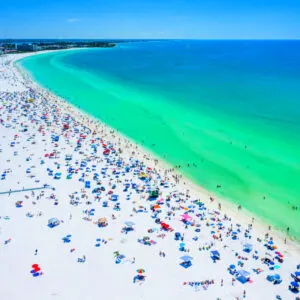 Siesta Key Beach Sarasota Florida Beautiful Sunny Day With Bright Blue Water During Spring Break Tourist Season Boaters Vacation White Sands