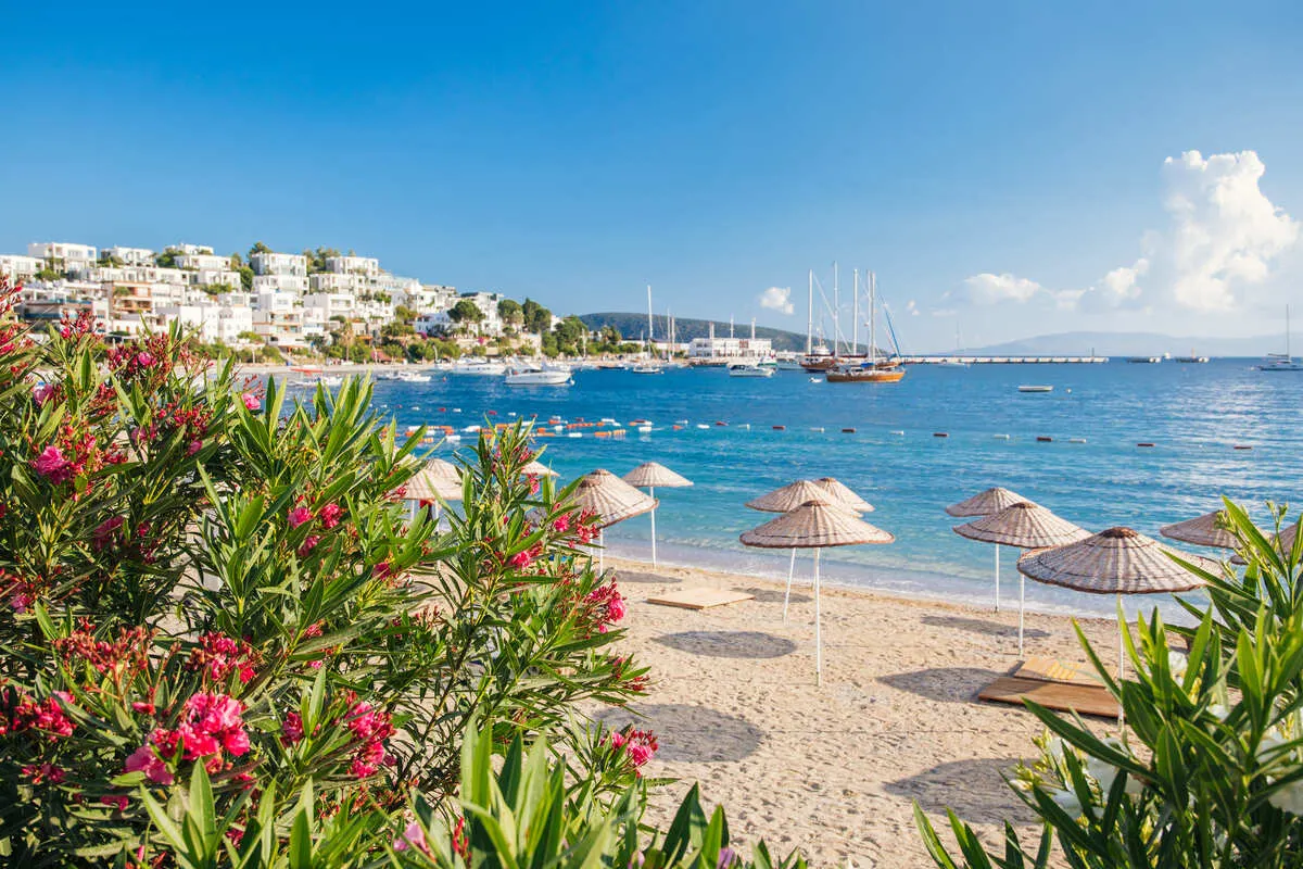 View Of A Beach In Bodrum, On The Aegean Coast Of Turkiye, Mediterranean Europe