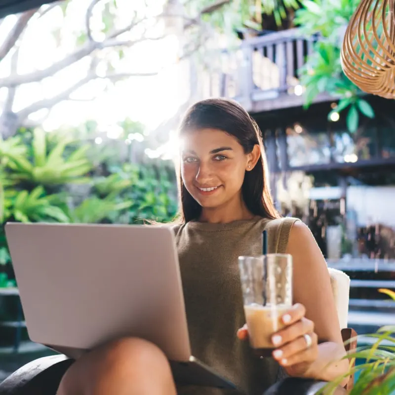 female remote worker with coffee