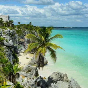 Amazing UNESCO Mayan Ruins next to Caribbean Sea in Tulum National Park, Quintana Roo, Yucatan, Mexico