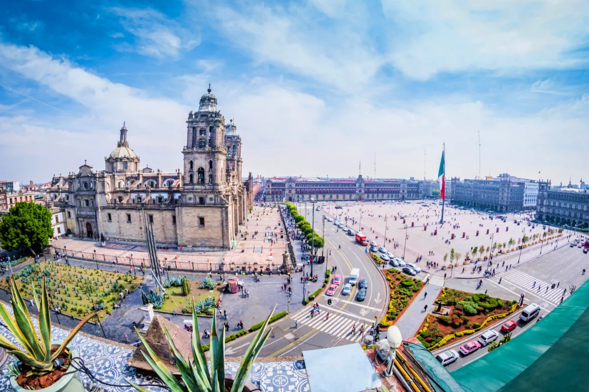Aerial view of the Zócalo or Plaza del Zócalo, the common name of the main square in central Mexico City.