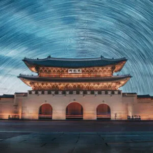 gate of gyeongbokgung in seoul south korea with long exposure on stars