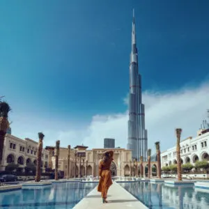 woman standing in front of view of burj khalifa in dubai united arab emirates