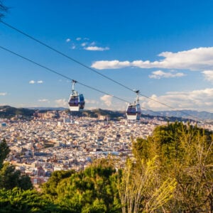 cable cars ascending the hill at montjuic in barcelona