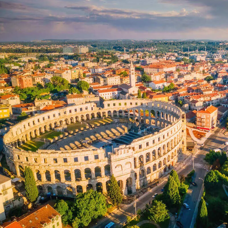 Aerial View Of Central Pula And Its Historical Roman Arena, In The Istrian Peninsula Of Croatia, South Eastern Europe