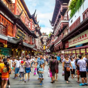 Crowded walkway in downtown Shanghai, China