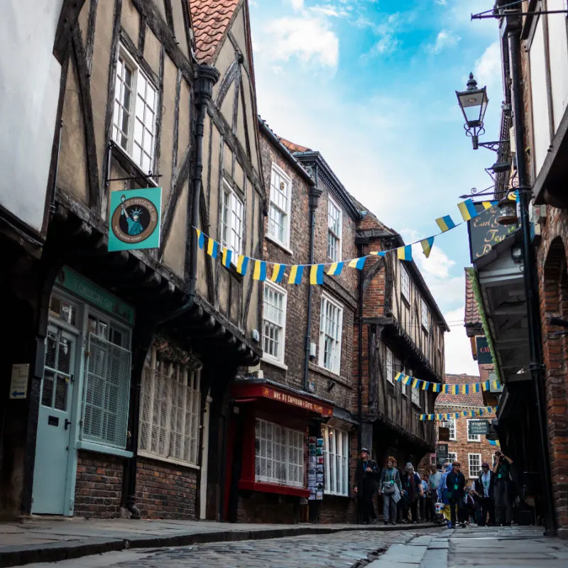 view down the old medieval street the shambles in york england
