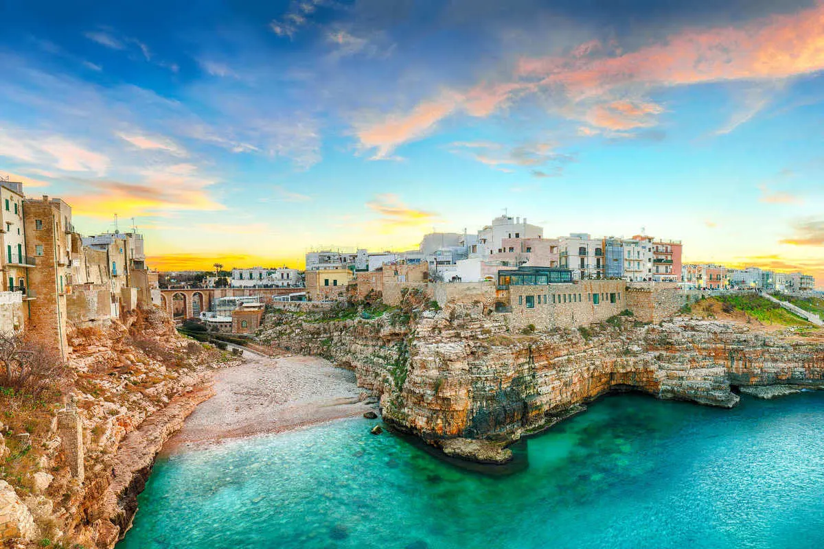 Panoramic View Of Cala Paura Gulf In Polignano a Mare, Puglia, Italy, Southern Europe