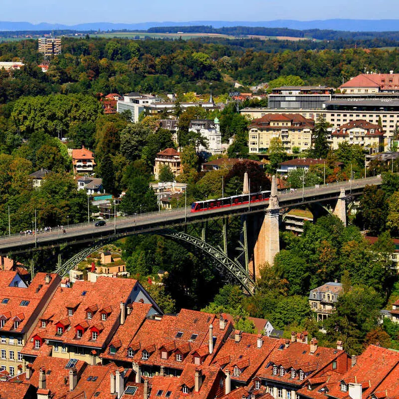 Aerial View Of A Train Arriving To Bern, Switzerland, Central Europe