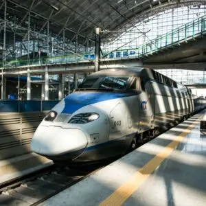 High-speed bullet trains (KTX) and Korail trains stop at the Seoul station in South Korea