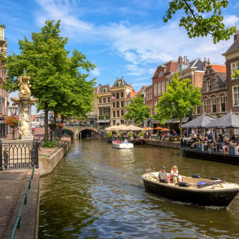New Rhine river in the major attraction in historical Leiden city center, South Holland, Netherlands
