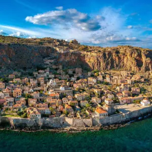 Panoramic Aerial View Of Monemvasia, Greece, South Eastern Europe