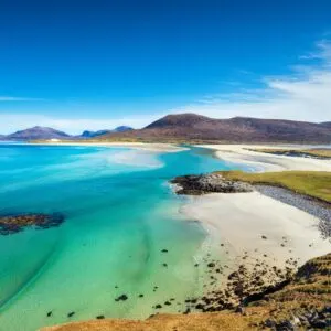 sandy beach and clear turquoise sea at Seilebost on the isle of Harris in the Western isles of Scotland