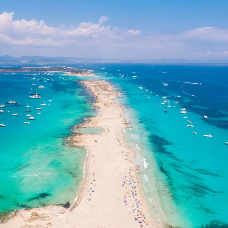 Aerial View Of A Beach In Formentera Bounded By The Mediterranean Sea, Spain, Southern Europe