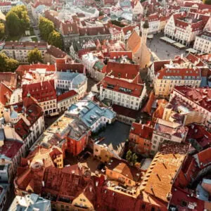 Aerial View Of The Terracotta Roofs Of Old Town Tallinn, Estonia, Baltic Coast Of Northern Europe