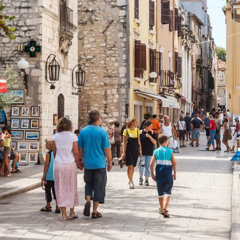 Busy Street In Zadar Old Town Brimming With Tourists, Croatia, Southern Europe