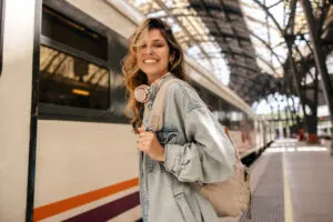 Happy female tourist boarding train