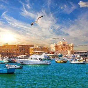 Harbor And Boats In Alexandria On The Mediterranean Sea, Egypt, North Africa