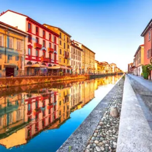 Milan, Italy. Bridge across the Naviglio Grande canal at the sunrise Milano, Lombardy
