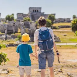 A Father And His Son In Tulum Ruins, Mexican Caribbean, Mexico, Latin America.jpg