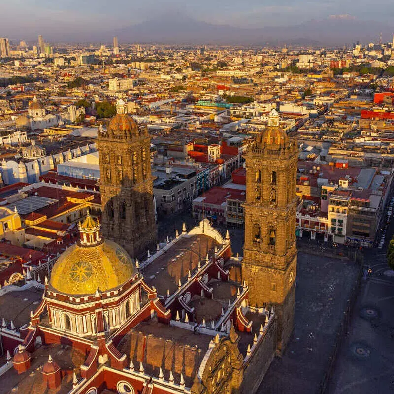 Aerial View Of Puebla, A Colonial City In Mexico, Latin America