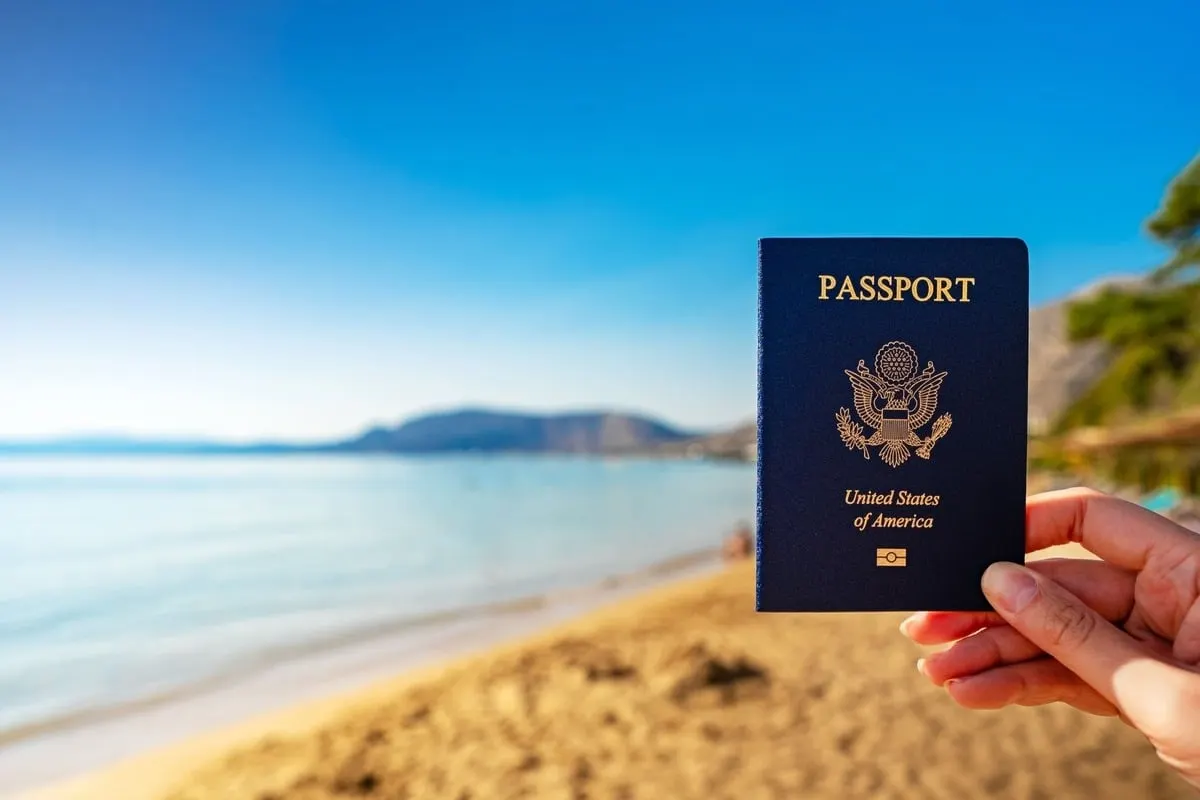 An American Traveler Holding Up A U.S. American Passport In A Beach Location, Unspecified Location.jpg
