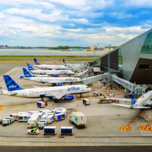 JetBlue planes in front of Terminal B at LaGuardia Airport, New York