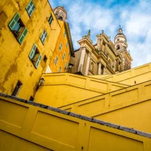 Stairs Leading Up To Basilica St Michael In Menton, Southern France, Southern Europe