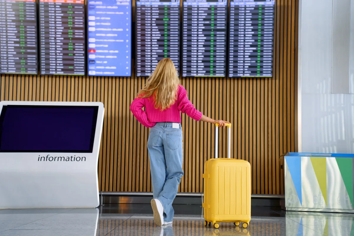 Traveler with luggage viewing flight board