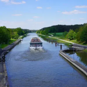 A river cruise ship has just passed the Eckersm&uuml;hlen lock in the Main-Danube Canal near Roth in Bavaria