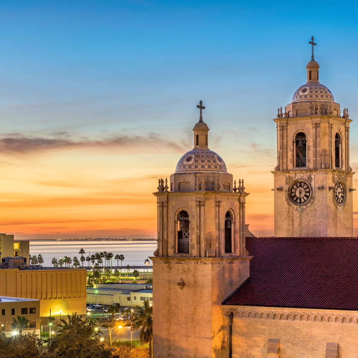 Corpus Christi Cathedral, surrounded by palm trees