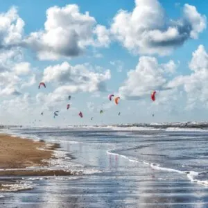 Kite surfers on the water of North Sea, Zandvoort, Netherlands