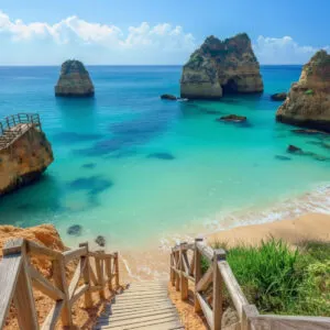 Landscape with Praia do Camilo, famous beach in Algarve, Portugal