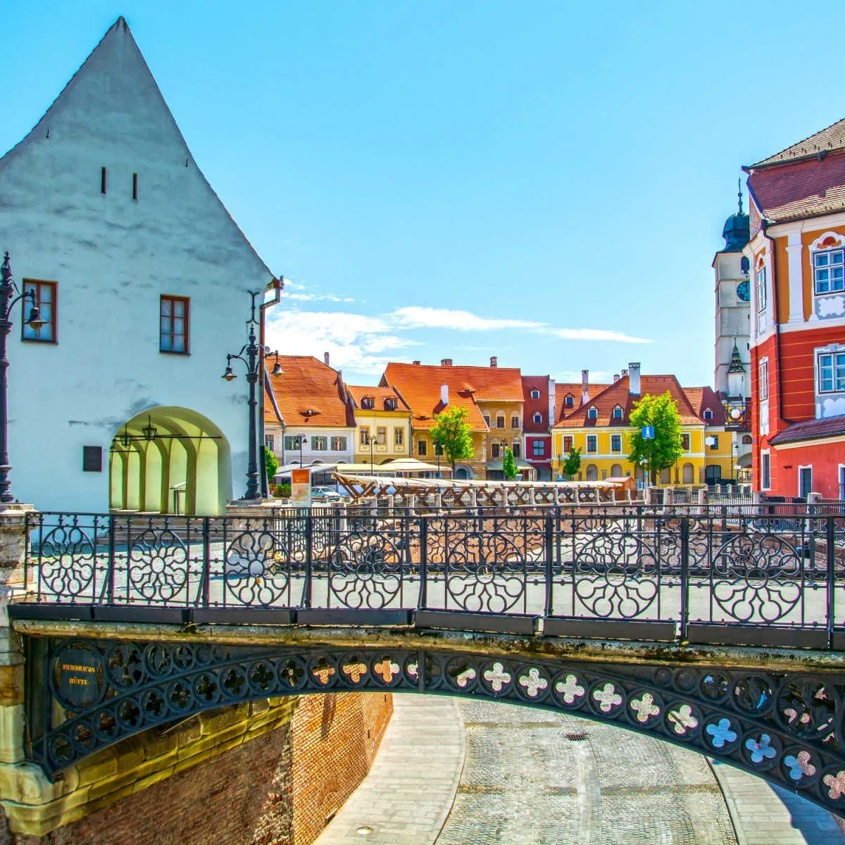 Sibiu, Transylvania, Romania, the Liars Bridge and view of Small Square and Council Tower
