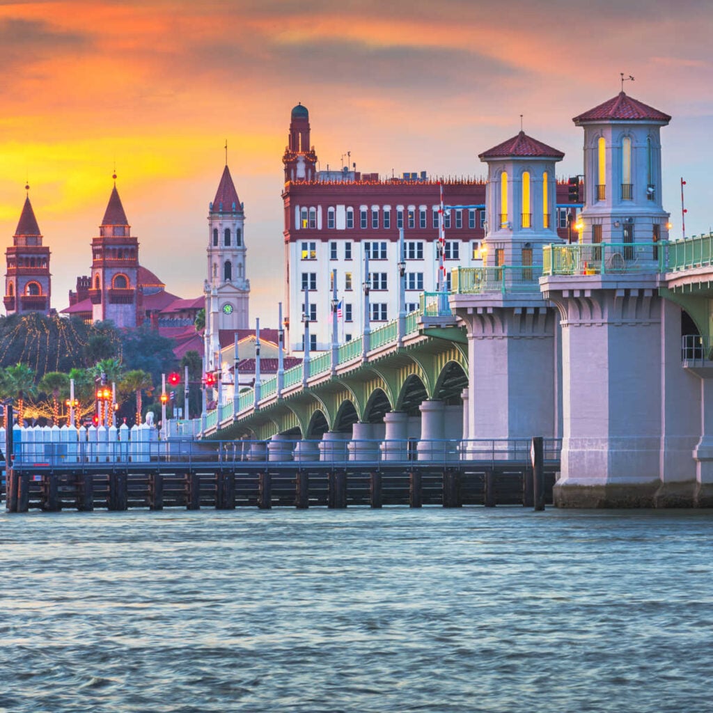 St.-Augustine-skyline-and-Bridge-of-Lions-at-dusk