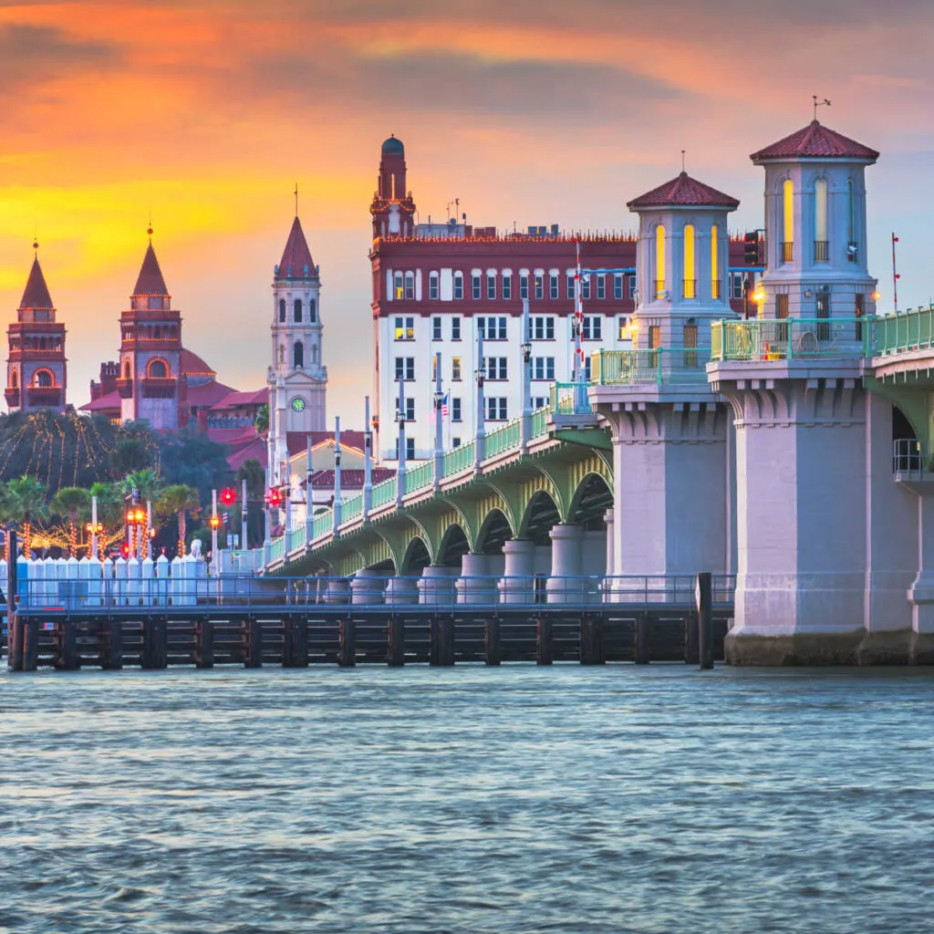 St.-Augustine-skyline-and-Bridge-of-Lions-at-dusk
