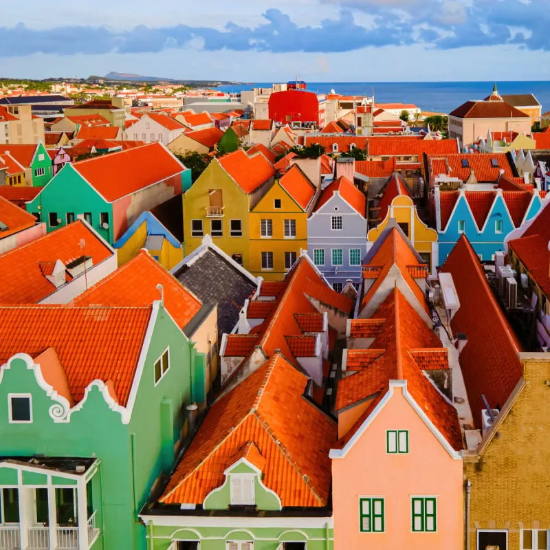Colorful Row Of Houses In Curacao, Caribbean Sea