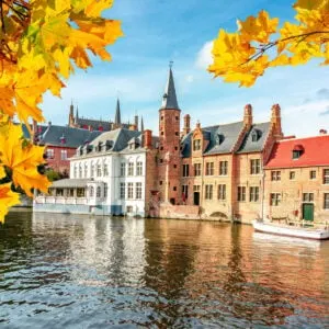 Bruges canals and medieval architecture in autumn, Belgium
