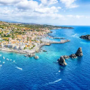Landscape with aerial view of Aci Trezza, Sicily island, Italy