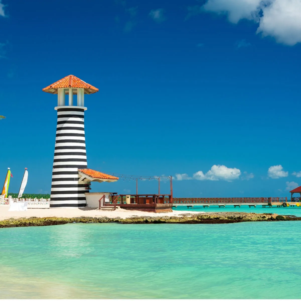 Lighthouse on the beach of the Caribbean, Dominican Republic, Bayahibe beach in La Romana