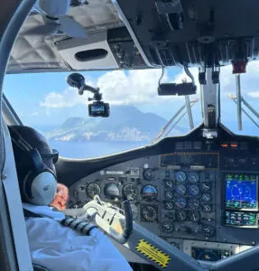 View from cockpit of Winnair plane about to land in Saba