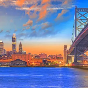 Panorama of Philadelphia skyline, Ben Franklin Bridge and Penn's Landing sunset
