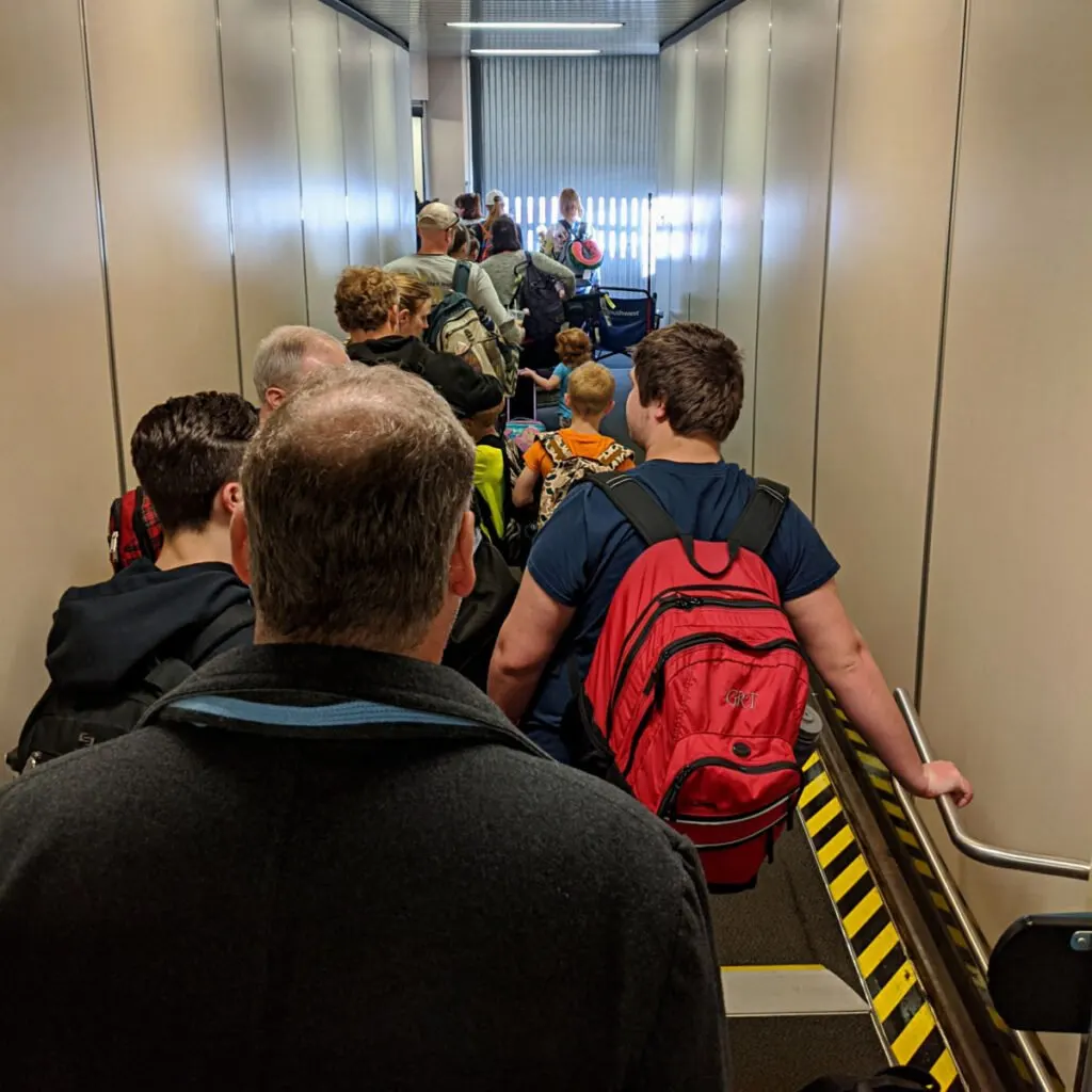 People waiting to board a Southwest plane