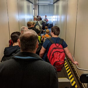 People waiting to board a Southwest plane